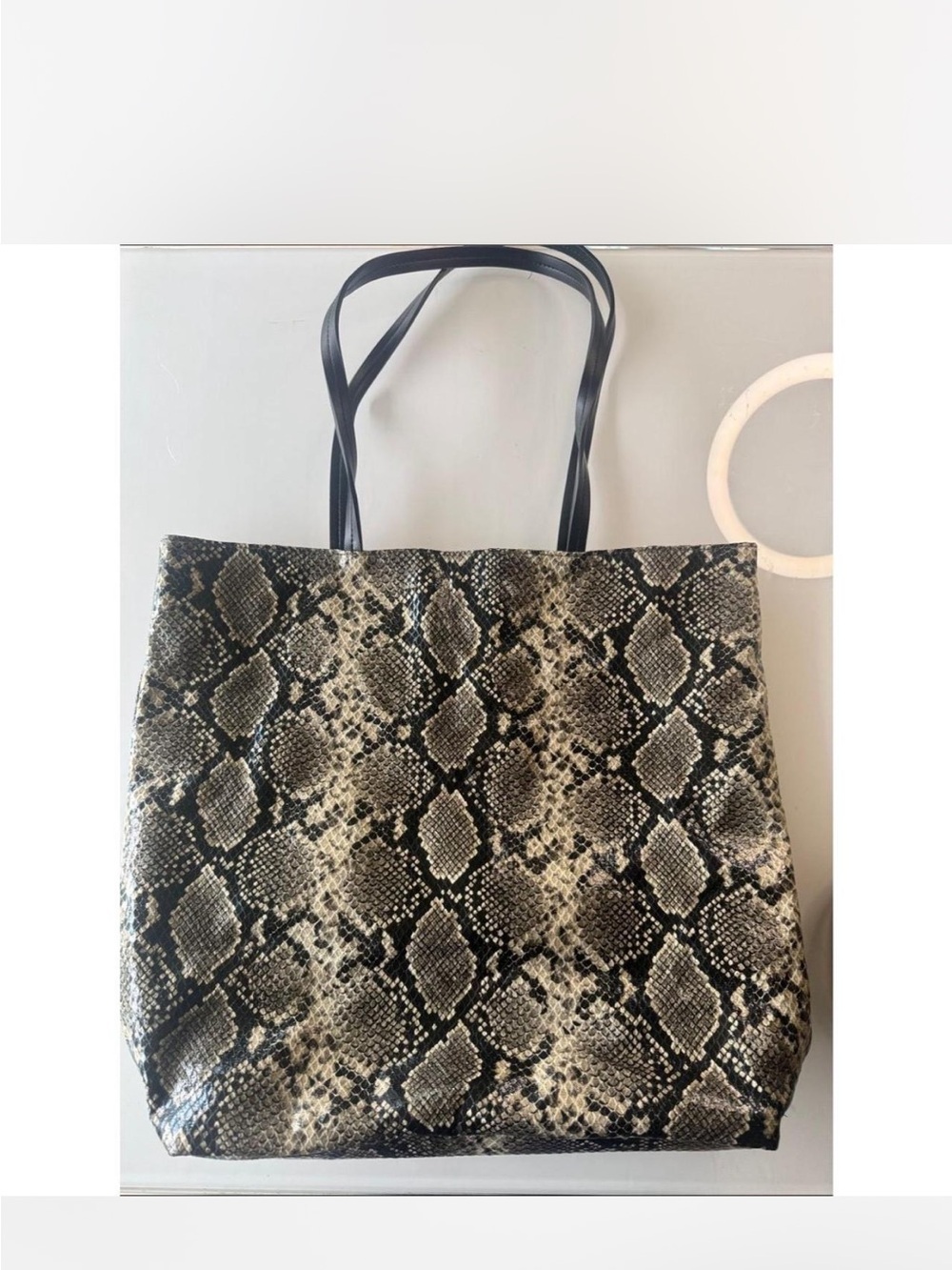 Bloomingdale's Black and Cream Snake-Print Tote